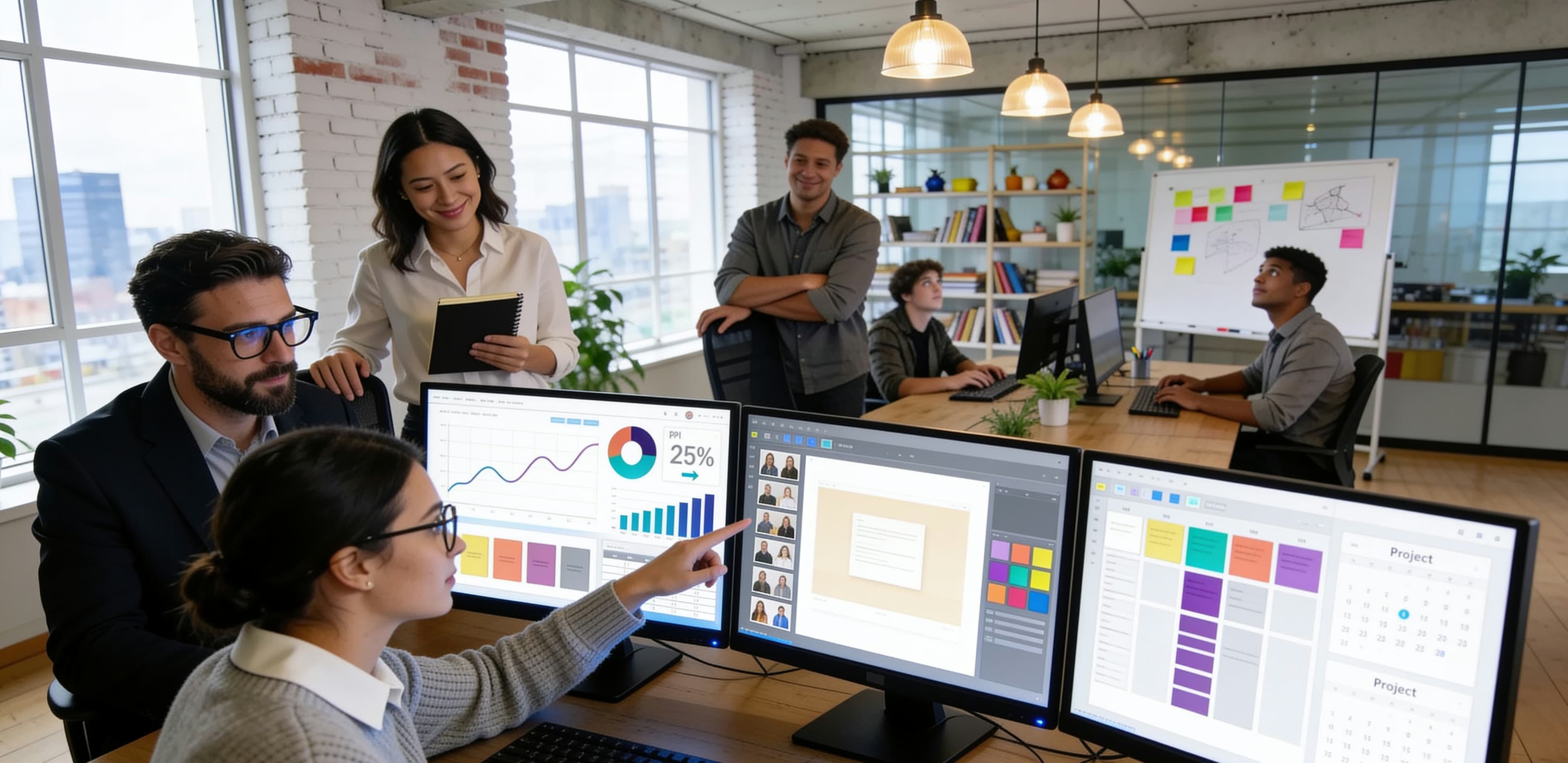 A Tecnots team reviewing dashboards together on a bank of monitors